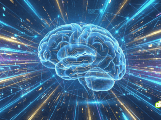 Illustration futuriste pour la veille IA : un cerveau numérique bleu translucide, parcouru de circuits dorés, est au centre d'un tunnel de lumière dynamique composé de flux de données rapides bleus, violets et or, symbolisant la vitesse du progrès technologique.