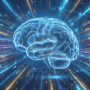 Illustration futuriste pour la veille IA : un cerveau numérique bleu translucide, parcouru de circuits dorés, est au centre d'un tunnel de lumière dynamique composé de flux de données rapides bleus, violets et or, symbolisant la vitesse du progrès technologique.