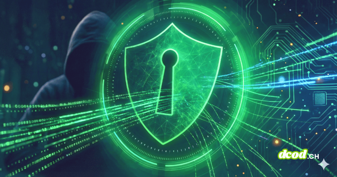 Illustration conceptuelle de cybersécurité montrant un bouclier numérique vert lumineux avec une serrure centrale, sur fond sombre de réseaux de données, de circuits imprimés et une silhouette de hacker dans l'ombre. Image d'en-tête pour la veille hebdomadaire.