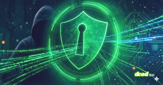 Illustration conceptuelle de cybersécurité montrant un bouclier numérique vert lumineux avec une serrure centrale, sur fond sombre de réseaux de données, de circuits imprimés et une silhouette de hacker dans l'ombre. Image d'en-tête pour la veille hebdomadaire.