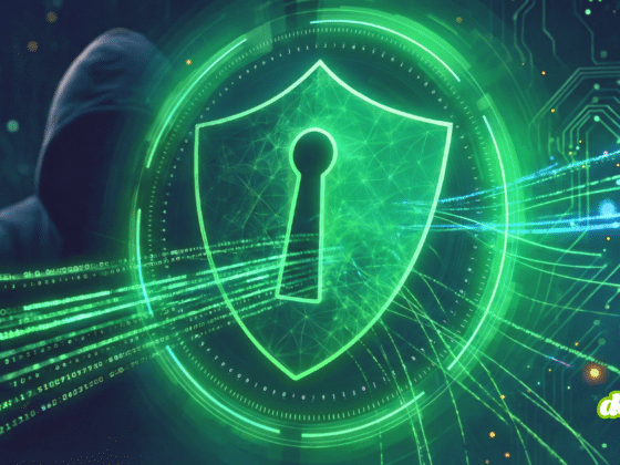 Illustration conceptuelle de cybersécurité montrant un bouclier numérique vert lumineux avec une serrure centrale, sur fond sombre de réseaux de données, de circuits imprimés et une silhouette de hacker dans l'ombre. Image d'en-tête pour la veille hebdomadaire.