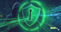 Illustration conceptuelle de cybersécurité montrant un bouclier numérique vert lumineux avec une serrure centrale, sur fond sombre de réseaux de données, de circuits imprimés et une silhouette de hacker dans l'ombre. Image d'en-tête pour la veille hebdomadaire.