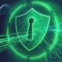 Illustration conceptuelle de cybersécurité montrant un bouclier numérique vert lumineux avec une serrure centrale, sur fond sombre de réseaux de données, de circuits imprimés et une silhouette de hacker dans l'ombre. Image d'en-tête pour la veille hebdomadaire.