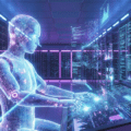Illustration futuriste montrant une entité d'intelligence artificielle humanoïde, composée de circuits imprimés lumineux bleus et violets. Elle est assise devant une console de contrôle high-tech, manipulant des interfaces holographiques remplies de graphiques, de code et de flux de données, située dans un grand centre de données (data center) sombre rempli de baies de serveurs clignotantes.