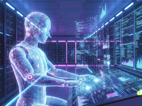 Illustration futuriste montrant une entité d'intelligence artificielle humanoïde, composée de circuits imprimés lumineux bleus et violets. Elle est assise devant une console de contrôle high-tech, manipulant des interfaces holographiques remplies de graphiques, de code et de flux de données, située dans un grand centre de données (data center) sombre rempli de baies de serveurs clignotantes.