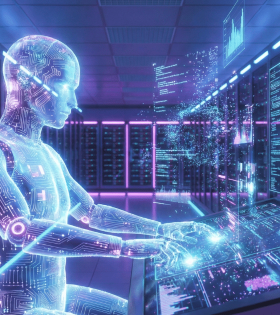 Illustration futuriste montrant une entité d'intelligence artificielle humanoïde, composée de circuits imprimés lumineux bleus et violets. Elle est assise devant une console de contrôle high-tech, manipulant des interfaces holographiques remplies de graphiques, de code et de flux de données, située dans un grand centre de données (data center) sombre rempli de baies de serveurs clignotantes.