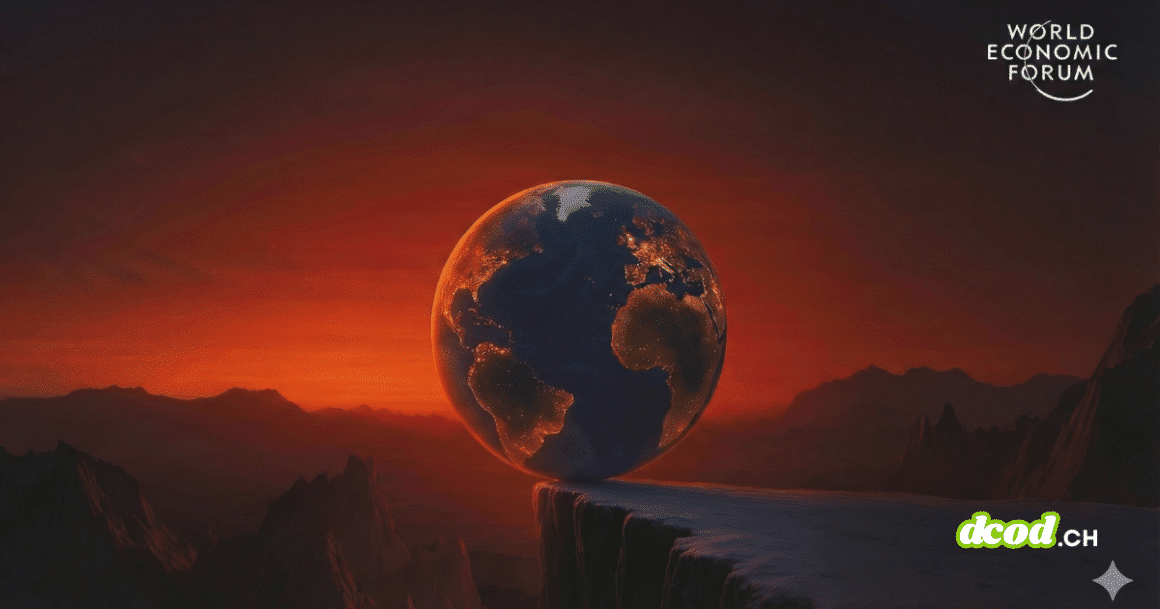 Une représentation visuelle frappante de notre monde en 2026 : une planète lourdement peuplée, en équilibre instable sur une falaise abrupte, sous un ciel menaçant qui symbolise la convergence des crises mondiales.