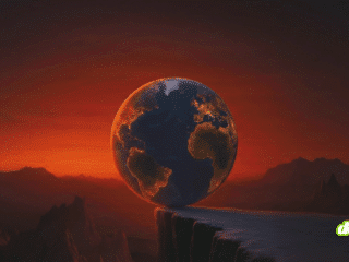 Une représentation visuelle frappante de notre monde en 2026 : une planète lourdement peuplée, en équilibre instable sur une falaise abrupte, sous un ciel menaçant qui symbolise la convergence des crises mondiales.