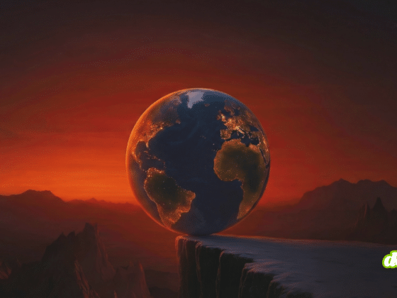 Une représentation visuelle frappante de notre monde en 2026 : une planète lourdement peuplée, en équilibre instable sur une falaise abrupte, sous un ciel menaçant qui symbolise la convergence des crises mondiales.