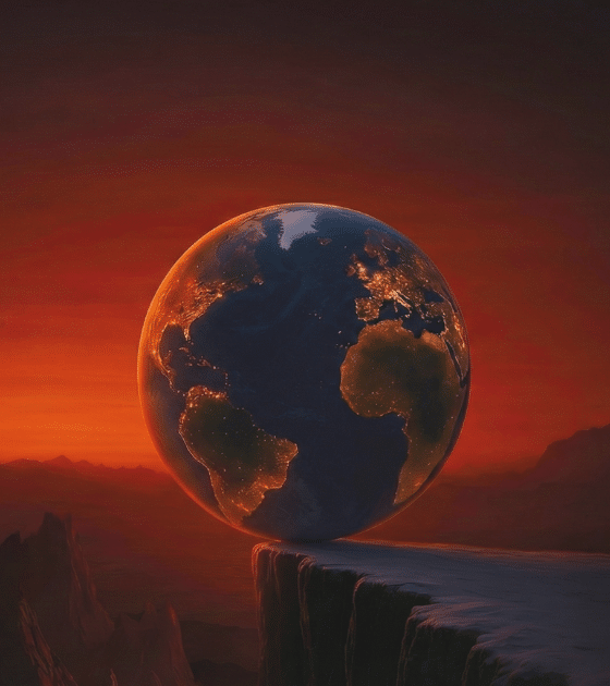 Une représentation visuelle frappante de notre monde en 2026 : une planète lourdement peuplée, en équilibre instable sur une falaise abrupte, sous un ciel menaçant qui symbolise la convergence des crises mondiales.