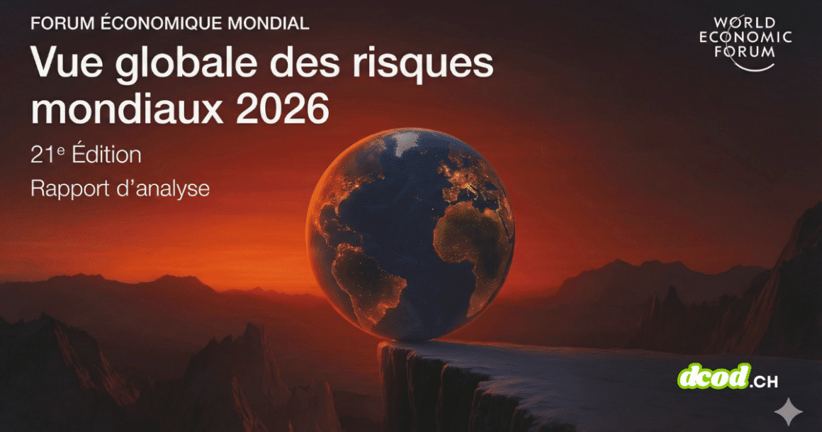 Couverture de la 21e édition du rapport du Forum Économique Mondial. Le titre 'Vue globale des risques mondiaux 2026' est illustré par une planète en sursis au bord du précipice sous un ciel de feu, traduisant visuellement l'urgence critique des analyses contenues dans ce document.