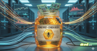 Illustration en gros plan d'un concept de cybersécurité. Un bocal en verre lumineux, étiqueté "HONEYPOT - CYBER DECOY" avec du code binaire et une abeille robotique, est rempli de faux miel et de circuits imprimés. De multiples câbles réseau colorés y sont connectés, le positionnant comme un piège central dans une salle de serveurs remplie de racks et d'écrans de monitoring.