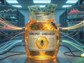 Illustration en gros plan d'un concept de cybersécurité. Un bocal en verre lumineux, étiqueté "HONEYPOT - CYBER DECOY" avec du code binaire et une abeille robotique, est rempli de faux miel et de circuits imprimés. De multiples câbles réseau colorés y sont connectés, le positionnant comme un piège central dans une salle de serveurs remplie de racks et d'écrans de monitoring.