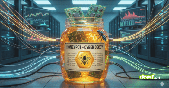 Illustration en gros plan d'un concept de cybersécurité. Un bocal en verre lumineux, étiqueté "HONEYPOT - CYBER DECOY" avec du code binaire et une abeille robotique, est rempli de faux miel et de circuits imprimés. De multiples câbles réseau colorés y sont connectés, le positionnant comme un piège central dans une salle de serveurs remplie de racks et d'écrans de monitoring.