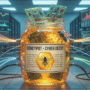 Illustration en gros plan d'un concept de cybersécurité. Un bocal en verre lumineux, étiqueté "HONEYPOT - CYBER DECOY" avec du code binaire et une abeille robotique, est rempli de faux miel et de circuits imprimés. De multiples câbles réseau colorés y sont connectés, le positionnant comme un piège central dans une salle de serveurs remplie de racks et d'écrans de monitoring.