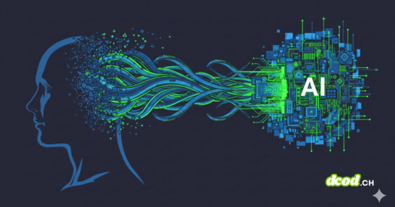 Représentation graphique d'une fuite de données du cerveau humain vers une intelligence artificielle, symbolisant les risques de surveillance que le modèle de Signal combat.