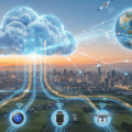 Illustration conceptuelle au format paysage montrant, au premier plan, divers objets connectés (caméra de sécurité, thermostat, montre intelligente, drone, voiture électrique) dans un environnement urbain et rural au coucher du soleil. Des lignes lumineuses bleues symbolisant des flux de données partent de ces appareils pour converger vers un grand nuage numérique stylisé (le Cloud) flottant au-dessus de la ville. Ce Cloud est à son tour relié par des orbites et des signaux à un globe terrestre et des satellites dans le ciel, illustrant une connectivité mondiale.