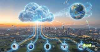 Illustration conceptuelle au format paysage montrant, au premier plan, divers objets connectés (caméra de sécurité, thermostat, montre intelligente, drone, voiture électrique) dans un environnement urbain et rural au coucher du soleil. Des lignes lumineuses bleues symbolisant des flux de données partent de ces appareils pour converger vers un grand nuage numérique stylisé (le Cloud) flottant au-dessus de la ville. Ce Cloud est à son tour relié par des orbites et des signaux à un globe terrestre et des satellites dans le ciel, illustrant une connectivité mondiale.