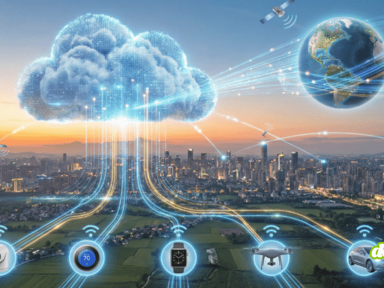 Illustration conceptuelle au format paysage montrant, au premier plan, divers objets connectés (caméra de sécurité, thermostat, montre intelligente, drone, voiture électrique) dans un environnement urbain et rural au coucher du soleil. Des lignes lumineuses bleues symbolisant des flux de données partent de ces appareils pour converger vers un grand nuage numérique stylisé (le Cloud) flottant au-dessus de la ville. Ce Cloud est à son tour relié par des orbites et des signaux à un globe terrestre et des satellites dans le ciel, illustrant une connectivité mondiale.
