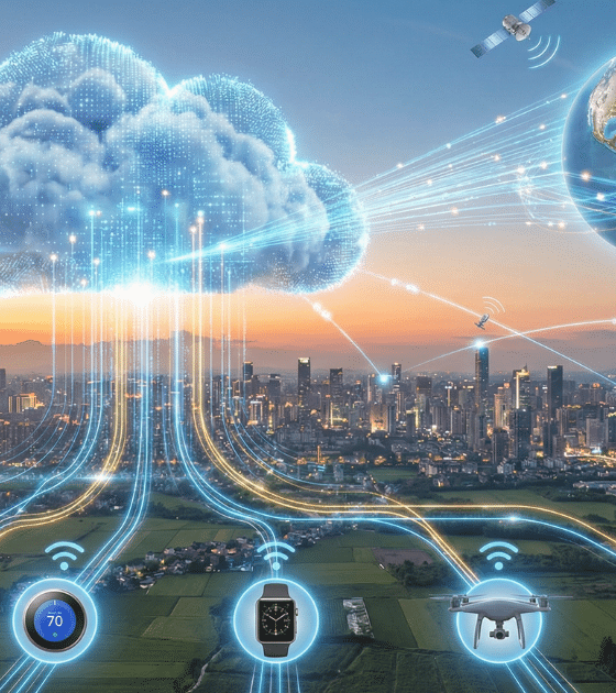 Illustration conceptuelle au format paysage montrant, au premier plan, divers objets connectés (caméra de sécurité, thermostat, montre intelligente, drone, voiture électrique) dans un environnement urbain et rural au coucher du soleil. Des lignes lumineuses bleues symbolisant des flux de données partent de ces appareils pour converger vers un grand nuage numérique stylisé (le Cloud) flottant au-dessus de la ville. Ce Cloud est à son tour relié par des orbites et des signaux à un globe terrestre et des satellites dans le ciel, illustrant une connectivité mondiale.