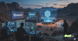 Un paysage désertique surréaliste au crépuscule où des chercheurs, un robot humanoïde et une personne encapuchonnée travaillent autour d'un centre de données futuriste. Un hologramme central projette le logo OpenAI et le texte 'ChatGPT ATLAS - PROJECT RED TEAM', tandis que des écrans et des interfaces holographiques affichent du code et des données, illustrant un test de sécurité de l'IA.