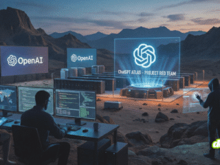 Un paysage désertique surréaliste au crépuscule où des chercheurs, un robot humanoïde et une personne encapuchonnée travaillent autour d'un centre de données futuriste. Un hologramme central projette le logo OpenAI et le texte 'ChatGPT ATLAS - PROJECT RED TEAM', tandis que des écrans et des interfaces holographiques affichent du code et des données, illustrant un test de sécurité de l'IA.