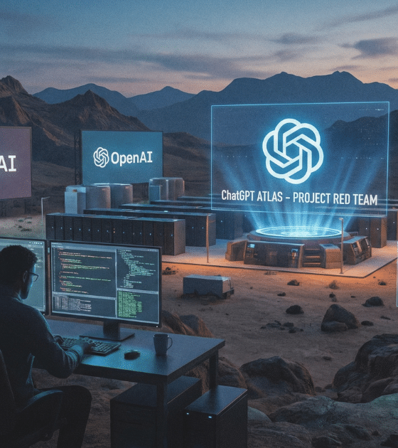 Un paysage désertique surréaliste au crépuscule où des chercheurs, un robot humanoïde et une personne encapuchonnée travaillent autour d'un centre de données futuriste. Un hologramme central projette le logo OpenAI et le texte 'ChatGPT ATLAS - PROJECT RED TEAM', tandis que des écrans et des interfaces holographiques affichent du code et des données, illustrant un test de sécurité de l'IA.