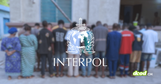 Groupe de personnes vues de dos devant un bâtiment, avec le logo d’Interpol au premier plan, illustrant une action policière internationale.