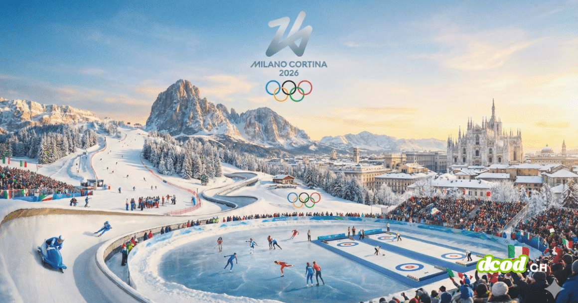 Composition artistique représentant les Jeux Olympiques d'hiver de Milan Cortina 2026, montrant le logo officiel au-dessus des Alpes et de la ville de Milan, avec des scènes de ski, bobsleigh et curling devant un public.