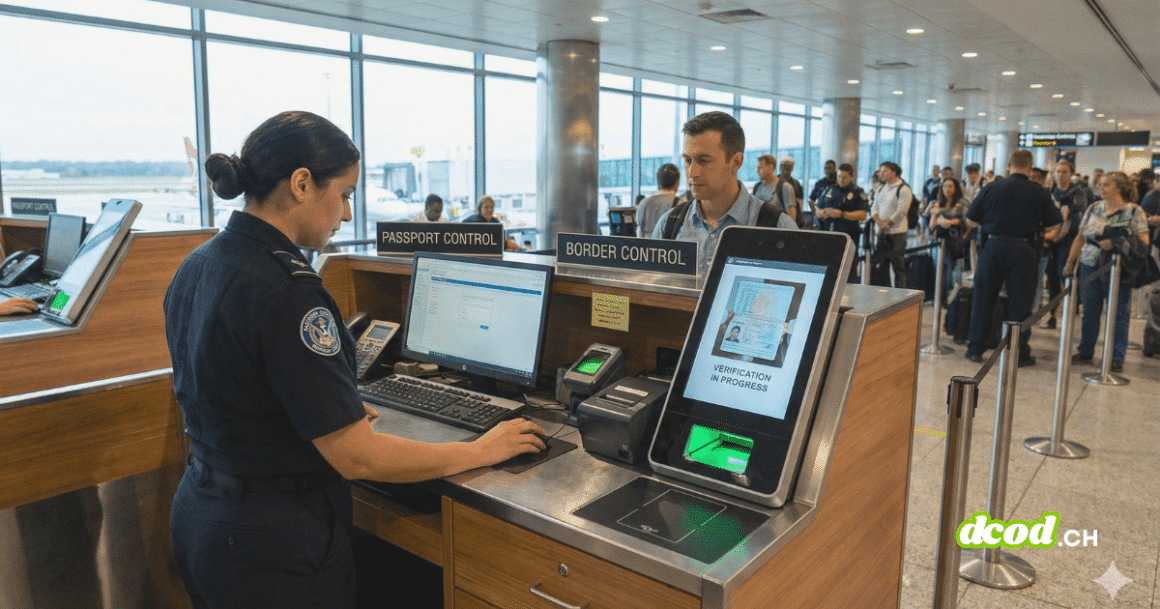 Scène dans un terminal d'aéroport moderne où une agente des douanes en uniforme opère à un guichet. Un voyageur masculin se tient devant un terminal électronique qui scanne son passeport ; l'écran affiche le message "VERIFICATION IN PROGRESS". Une file d'attente de passagers et des panneaux indiquant "BORDER CONTROL" sont visibles en arrière-plan près de grandes baies vitrées.
