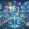 Illustration numérique futuriste dans des tons bleu néon, sur fond de ville nocturne et de carte du monde. Au centre, un bouclier lumineux orné d'un cadenas surplombe une balance de justice. Des lignes de réseau interconnectent ces éléments centraux à diverses icônes flottantes représentant des contenus numériques (musique, vidéo, livre, code, image), des serveurs de données et des utilisateurs globaux, symbolisant la protection et la régulation de l'information.