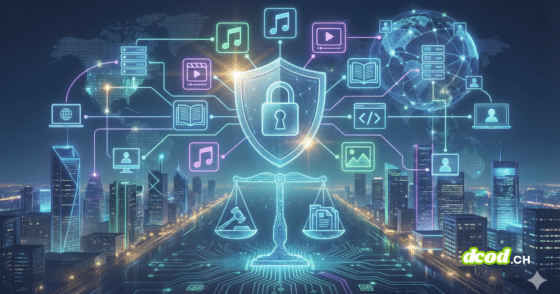 Illustration numérique futuriste dans des tons bleu néon, sur fond de ville nocturne et de carte du monde. Au centre, un bouclier lumineux orné d'un cadenas surplombe une balance de justice. Des lignes de réseau interconnectent ces éléments centraux à diverses icônes flottantes représentant des contenus numériques (musique, vidéo, livre, code, image), des serveurs de données et des utilisateurs globaux, symbolisant la protection et la régulation de l'information.