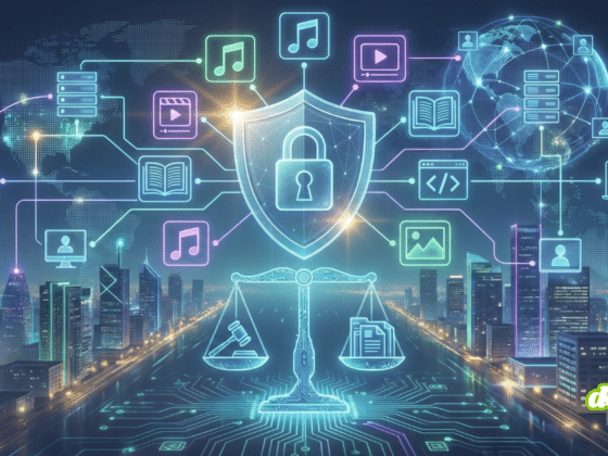 Illustration numérique futuriste dans des tons bleu néon, sur fond de ville nocturne et de carte du monde. Au centre, un bouclier lumineux orné d'un cadenas surplombe une balance de justice. Des lignes de réseau interconnectent ces éléments centraux à diverses icônes flottantes représentant des contenus numériques (musique, vidéo, livre, code, image), des serveurs de données et des utilisateurs globaux, symbolisant la protection et la régulation de l'information.