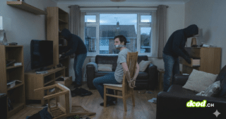 Une photographie en format paysage 16/9 montrant un homme ligoté et bâillonné sur une chaise au centre d'un salon en désordre. Deux individus encagoulés fouillent les meubles de la pièce. Le décor est sombre et l'éclairage faible, suggérant le crépuscule.