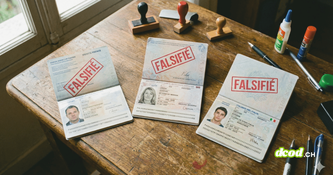 Vue en plongée de trois passeports ouverts posés sur une table en bois usée. Chaque document, d'une nationalité différente (française, britannique, italienne), est marqué d'un grand tampon rouge rectangulaire indiquant "FALSIFIÉ" en travers de la page d'identification. Des outils comme des tampons encreurs, de la colle et des stylos sont éparpillés autour.