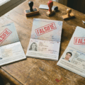 Vue en plongée de trois passeports ouverts posés sur une table en bois usée. Chaque document, d'une nationalité différente (française, britannique, italienne), est marqué d'un grand tampon rouge rectangulaire indiquant "FALSIFIÉ" en travers de la page d'identification. Des outils comme des tampons encreurs, de la colle et des stylos sont éparpillés autour.