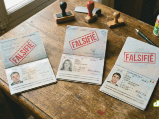 Vue en plongée de trois passeports ouverts posés sur une table en bois usée. Chaque document, d'une nationalité différente (française, britannique, italienne), est marqué d'un grand tampon rouge rectangulaire indiquant "FALSIFIÉ" en travers de la page d'identification. Des outils comme des tampons encreurs, de la colle et des stylos sont éparpillés autour.