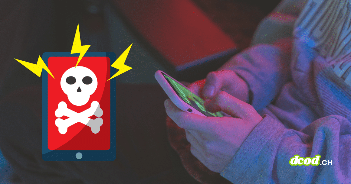 Une personne tient un smartphone tandis qu’un pictogramme de tête de mort signale une alerte de malware mobile.