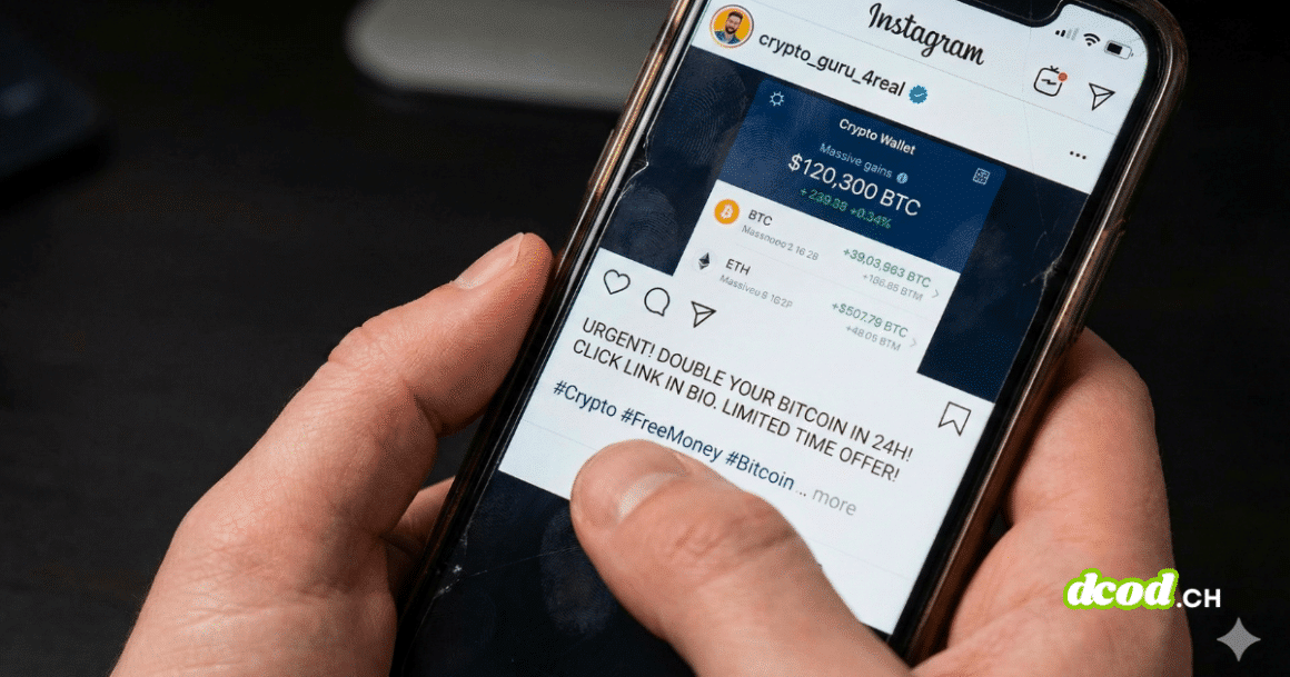 Gros plan sur des mains tenant un smartphone, montrant un doigt sur une publication Instagram frauduleuse promettant de "doubler vos Bitcoin". Le compte "crypto_guru_4real" tente d'attirer des victimes via un lien malveillant, illustrant une méthode de piratage Instagram et d'arnaque aux cryptomonnaies.