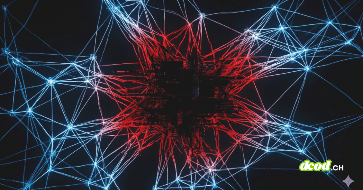 Cette représentation abstraite d'un réseau de neurones illustre le cœur du problème dénoncé dans l'article. Les filaments périphériques bleus, symbolisant la technologie IA standard, se corrompent et convergent vers un centre rouge sombre et agressif. C'est la matérialisation visuelle du détournement de l'intelligence artificielle par des criminels pour industrialiser la production de contenus pédocriminels extrêmes.