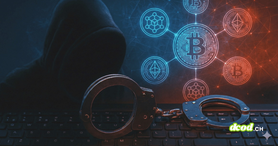 Illustration pour la veille cybercriminalité et crypto : une paire de menottes en métal repose sur un clavier d'ordinateur au premier plan. En arrière-plan sombre, une silhouette de hacker encapuchonné fait face à un réseau lumineux d'icônes de cryptomonnaies interconnectées, incluant les symboles du Bitcoin et de l'Ethereum, dans des teintes bleues et rouges.