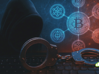 Illustration pour la veille cybercriminalité et crypto : une paire de menottes en métal repose sur un clavier d'ordinateur au premier plan. En arrière-plan sombre, une silhouette de hacker encapuchonné fait face à un réseau lumineux d'icônes de cryptomonnaies interconnectées, incluant les symboles du Bitcoin et de l'Ethereum, dans des teintes bleues et rouges.