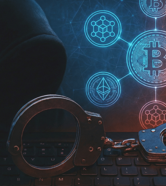 Illustration pour la veille cybercriminalité et crypto : une paire de menottes en métal repose sur un clavier d'ordinateur au premier plan. En arrière-plan sombre, une silhouette de hacker encapuchonné fait face à un réseau lumineux d'icônes de cryptomonnaies interconnectées, incluant les symboles du Bitcoin et de l'Ethereum, dans des teintes bleues et rouges.