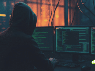 Photographie d'illustration pour la veille cyberattaque : une silhouette portant un sweat à capuche noir est assise de dos devant plusieurs écrans d'ordinateur affichant du code vert complexe et des données. L'environnement est une salle serveur sombre, éclairée par les lueurs bleues des écrans et des lumières oranges en arrière-plan, évoquant un hacker ou un analyste en action.