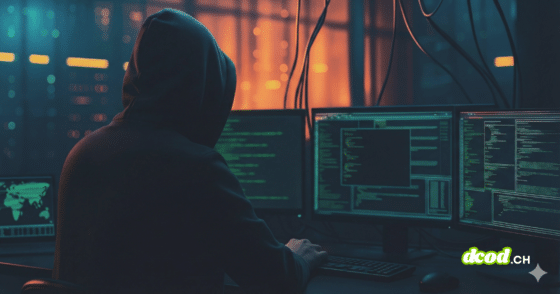 Photographie d'illustration pour la veille cyberattaque : une silhouette portant un sweat à capuche noir est assise de dos devant plusieurs écrans d'ordinateur affichant du code vert complexe et des données. L'environnement est une salle serveur sombre, éclairée par les lueurs bleues des écrans et des lumières oranges en arrière-plan, évoquant un hacker ou un analyste en action.