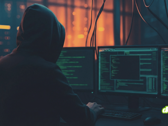 Photographie d'illustration pour la veille cyberattaque : une silhouette portant un sweat à capuche noir est assise de dos devant plusieurs écrans d'ordinateur affichant du code vert complexe et des données. L'environnement est une salle serveur sombre, éclairée par les lueurs bleues des écrans et des lumières oranges en arrière-plan, évoquant un hacker ou un analyste en action.