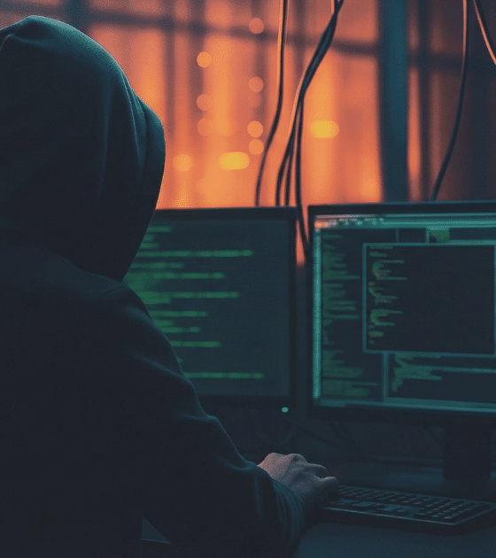 Photographie d'illustration pour la veille cyberattaque : une silhouette portant un sweat à capuche noir est assise de dos devant plusieurs écrans d'ordinateur affichant du code vert complexe et des données. L'environnement est une salle serveur sombre, éclairée par les lueurs bleues des écrans et des lumières oranges en arrière-plan, évoquant un hacker ou un analyste en action.