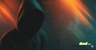 Illustration pour la veille sur les fuites de données : une silhouette de hacker encapuchonné dans l'ombre, sur fond de code informatique bleu, est traversée par des faisceaux lumineux diagonaux orange intenses évoquant une alerte de sécurité ou une brèche active.