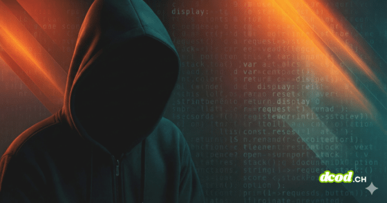 Illustration pour la veille sur les fuites de données : une silhouette de hacker encapuchonné dans l'ombre, sur fond de code informatique bleu, est traversée par des faisceaux lumineux diagonaux orange intenses évoquant une alerte de sécurité ou une brèche active.