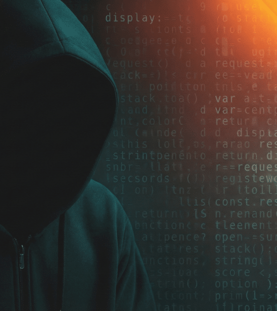 Illustration pour la veille sur les fuites de données : une silhouette de hacker encapuchonné dans l'ombre, sur fond de code informatique bleu, est traversée par des faisceaux lumineux diagonaux orange intenses évoquant une alerte de sécurité ou une brèche active.